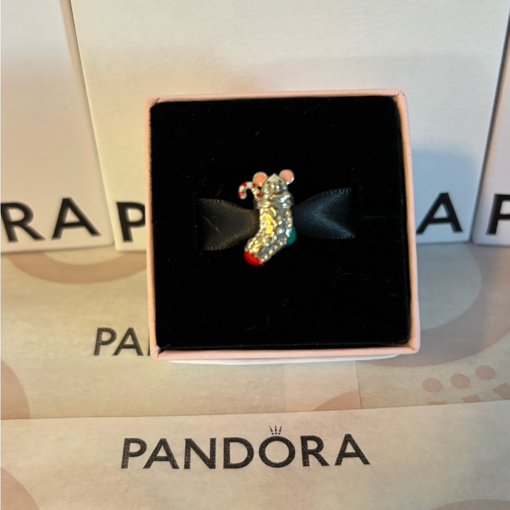 Pandora Festive Silver and Red Stocking with Mouse.